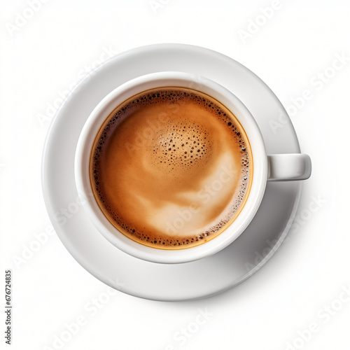 Freshly brewed strong brown espresso hot in a white background