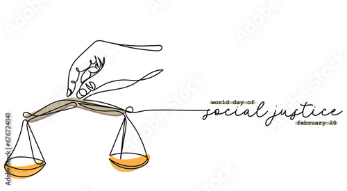 World day of social justice observed every year on february 20. Continuous line art poster design. Social protection for down trodden sector of society. Justice balance scale and hammer. vector art. photo