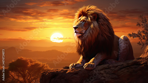 A tranquil moment  lion silhouetted against the radiant glow of a setting sun Ai Generative 