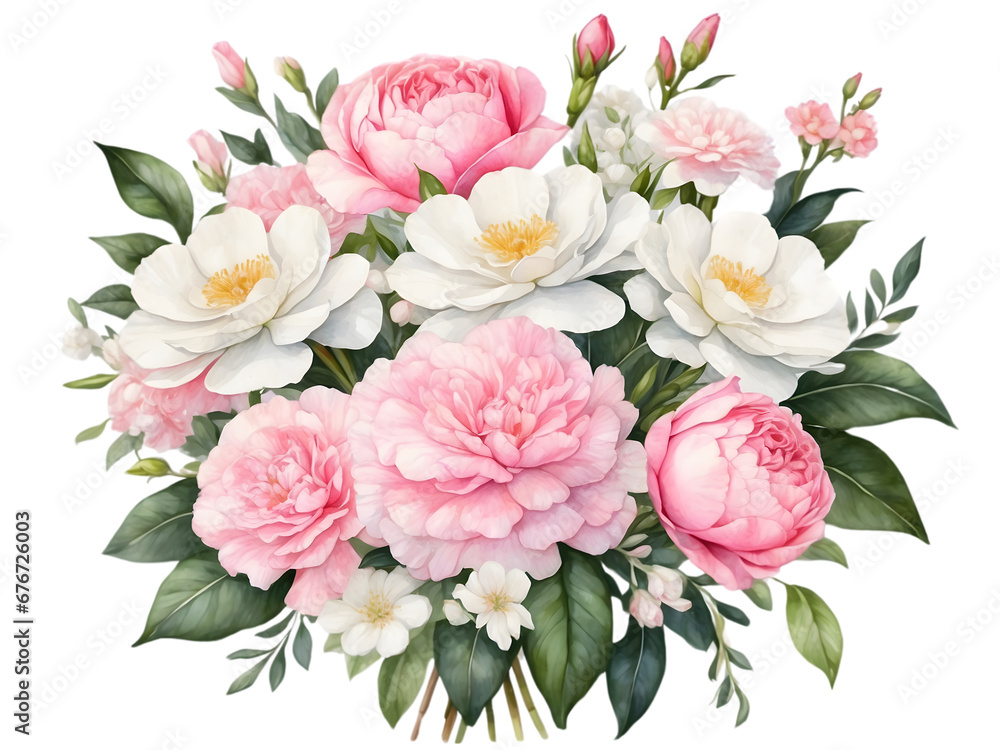 Watercolor bouquet of pink gardenia and colorful flowers arrange in bouquet. Pastel flower bunch. Floral graphics decoration.