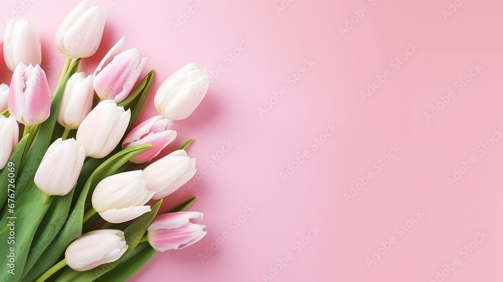 Beautiful Bouquet of Pink and White Tulips on a Pink Background