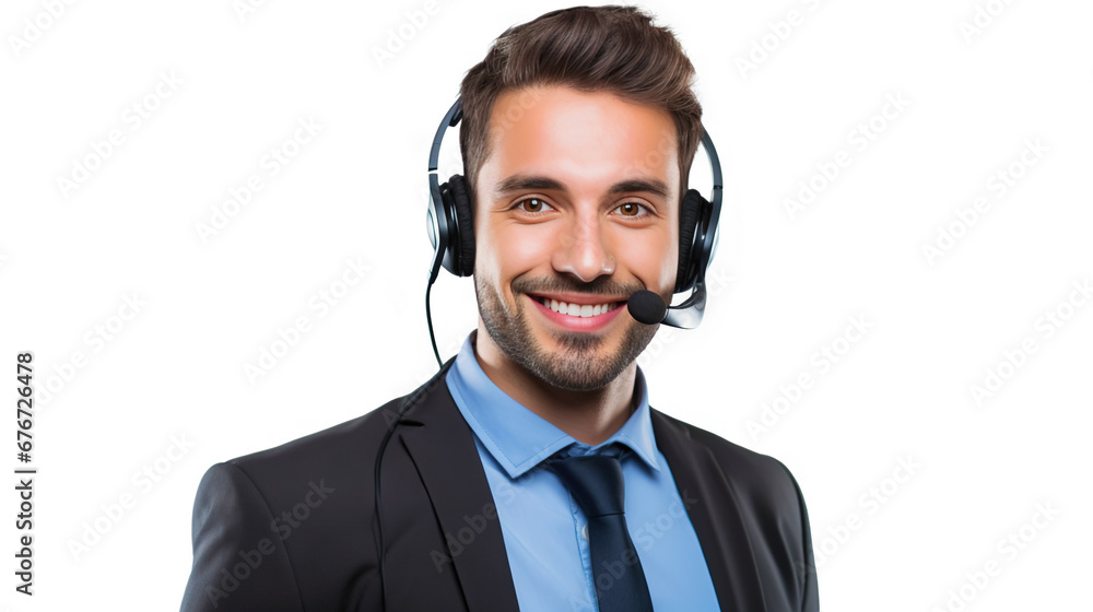 Male customer service representative in headset consulting clients online. Call center agent. Generative AI