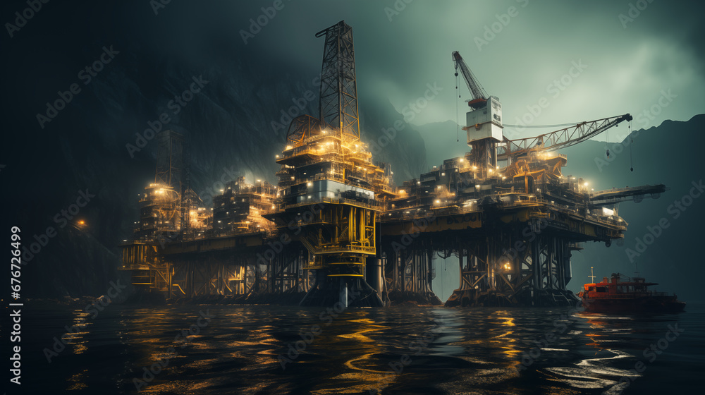 View of Oil rig at early morning. Offshore drilling rig extracting crude oil on the Nordic sea or ocean