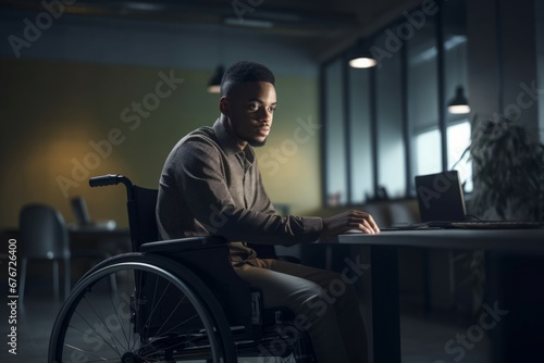African young man in wheelchair. Home computer work night evening. Generate Ai
