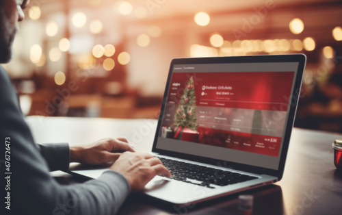 Open laptop with Christmas decorations on the screen. Christmas and New Year online shopping concept.