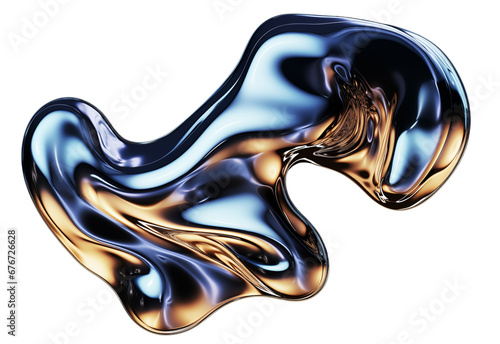 Isolated abstract melted liquid chrome metal in organic shapes, Wavy molten gloss aluminium , cutout isolated on transparent background, ready for placement. photo