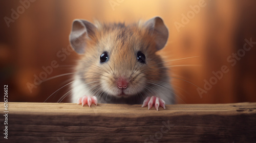 A little hamster sitting on top of a wooden table.