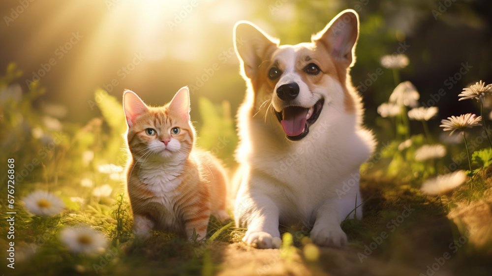 Fluffy Friends a Corgi Dog and a Tabby Cat Sit Together