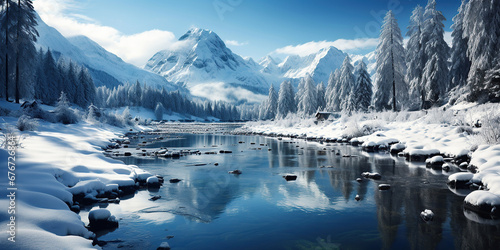 panorama landscape with winter forest, mountains and river on frosty day © alexkoral