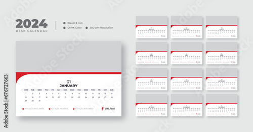 Desk calendar design template 2024, New Year 2024 table calendar, Monthly planner design in corporate and business style, 12 months included
