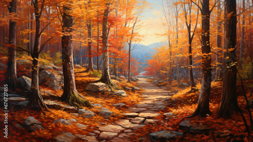 A painting of a path in a forest with fall leaves photo