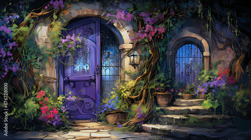 A painting of a purple door