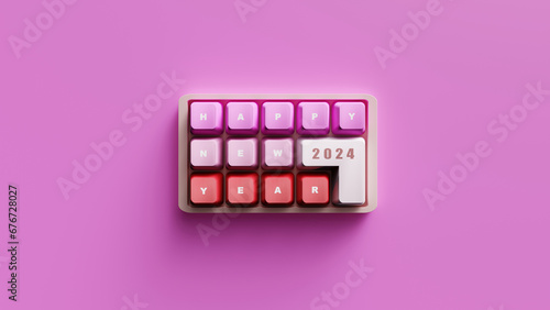 3D Rendering. Happy new year on the cute keyboard with pink smooth tone.