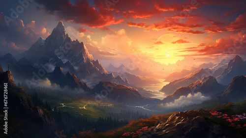Fantastic Mountain Landscape at Sunset