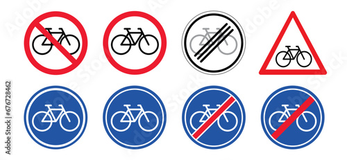 Stop halt allowed sign, no bicycle or forbid parking space zone or bike route. Sport cyclist banner. No ban cycling icon. Flat vector bike to parking area signboard. Bike path area. 