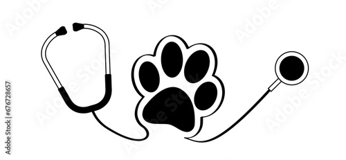 Animals footprint. Veterinary dog, hound silhouette. Canine sign. Vector line pattern. Puppy or pet concept. Veterinarian, dog, cat with Stethoscope, heart icon. Doctor tool. Stethoscope cardio device