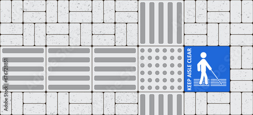 Braille blocks, yellow blocks of tactile paving for blind people. Pathway, sidewalk guides for blind. Traffic, route tiles for the visually impaired. Pedestrian lane for blindness people. 