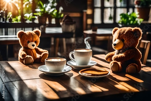 Coffee latte and lovely brown two teddy bear sit on wooden table sit on wooden table in coffe shop with sunlight in the morning. Love, relationship and understanding concept.   photo