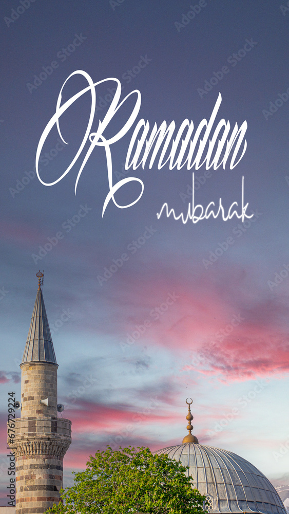  Ramazan Mubarak or Ramadan Kareem. Lalapasa Mosque at sunset. Ramadan mubarak text in the image.