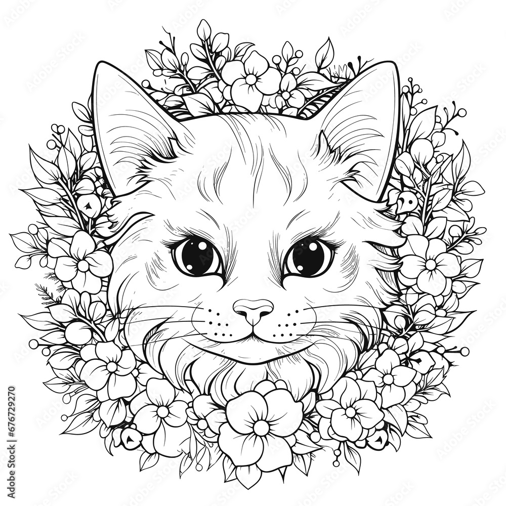 A Cat Wearing A Holiday Wreath Wreath Festive, Coloring Pages Png