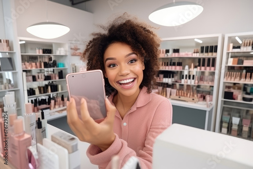 Home live streaming and broadcast person young beauty blogger woman in with online cosmetics and beautician shopping store shelf background.