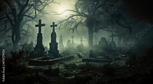 Graveyard cemetery In Spooky dark Night full moon. Holiday event halloween background concept.