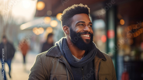 Outdoor portrait of a black man looking towards a bright future, eyes filled with hope for a opportunity. 
