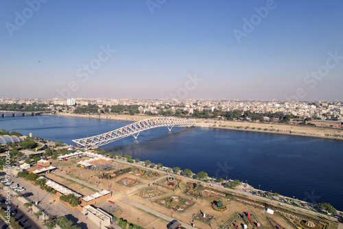 Atal Bridge Ahmedabad Gujarat India. Atal Bridge is a pedestrian triangular truss bridge at Sabarmati Riverfront on Sabarmati river in Ahmedabad, Gujarat, India.