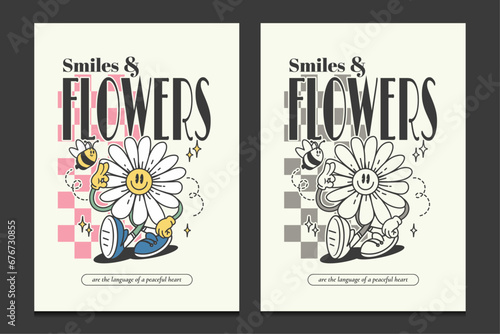 groovy 70s posters with a cute flower cartoon character, vector illustration