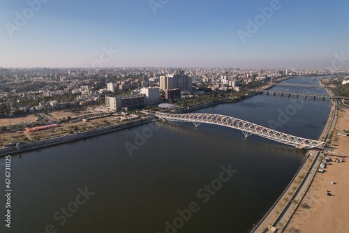 Atal Bridge Ahmedabad Gujarat India. Atal Bridge is a pedestrian triangular truss bridge at Sabarmati Riverfront on Sabarmati river in Ahmedabad, Gujarat, India.