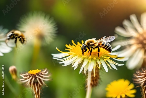 Selective focus on bee  honey bee on dandelion flower in meadow 