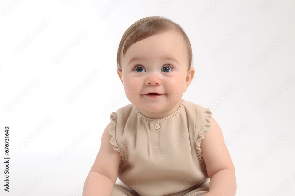 Adorable baby boy in beige overalls sits on a white background in the studio, looks at the camera and smiles. generative AI