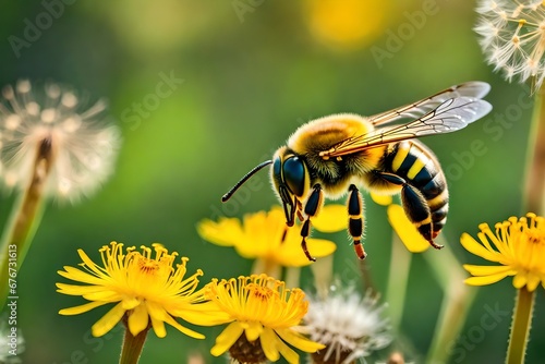 Selective focus on bee, honey bee on dandelion flower in meadow 