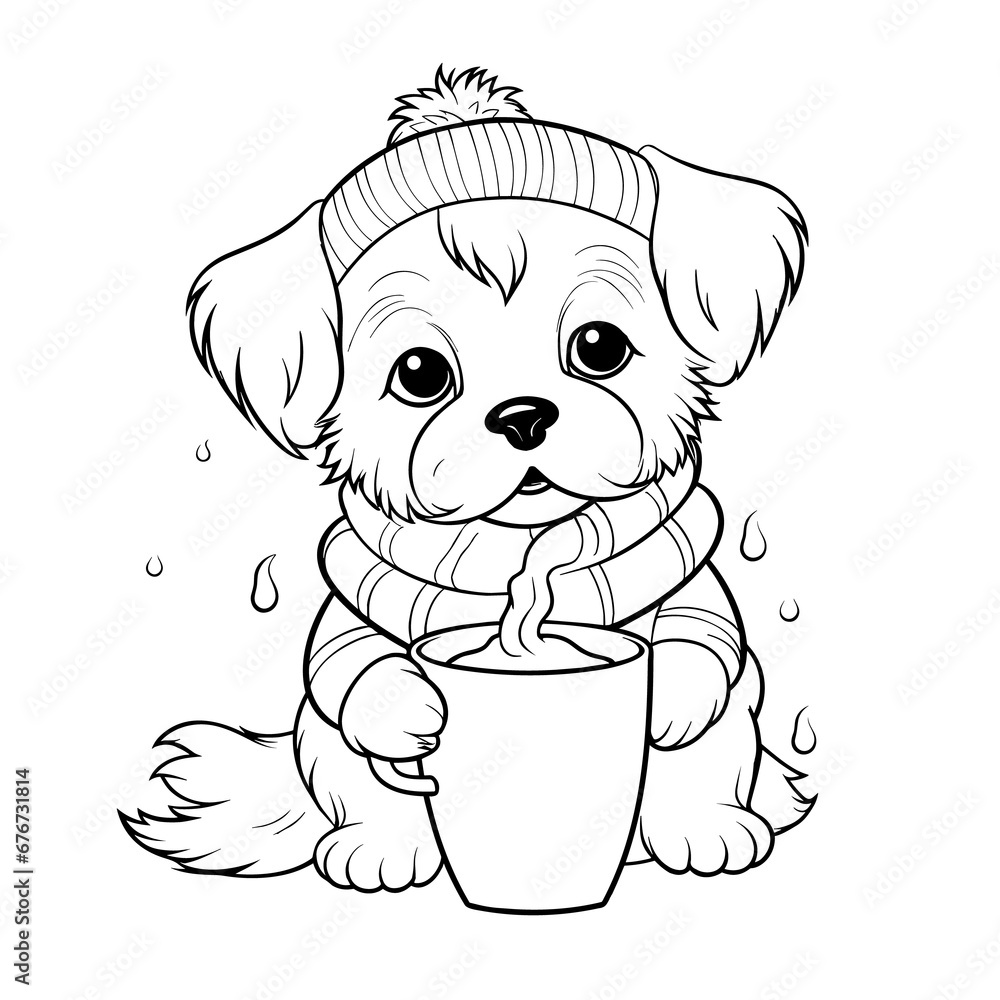 Fototapeta premium A Dog Sipping Hot Cocoa With Marshmallows Hot, Coloring Pages Png