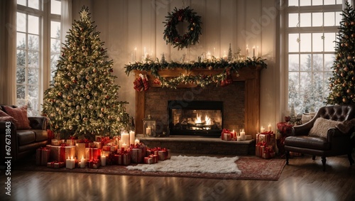 Wallpaper Mural the Christmas spirit in a cozy and inviting living space. Enjoy the roaring fireplace, plush chairs, flickering candles, and sparkling Christmas tree all set against a broad window Torontodigital.ca