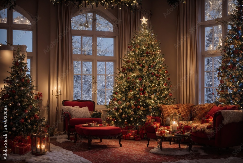 the Christmas spirit in a cozy and inviting living space. Enjoy the roaring fireplace, plush chairs, flickering candles, and sparkling Christmas tree all set against a broad window