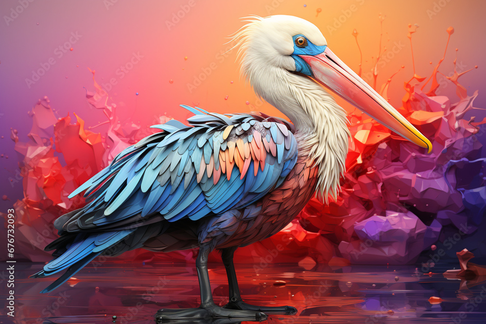 Fototapeta premium A pastel-colored geometric-themed Pelican illustration with angular shapes and delicate pastel shades, capturing the wisdom and grace of this majestic bird. 