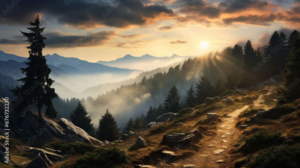 Beautiful Trail to the Peak in Carpathian Mountains - obrazy, fototapety, plakaty 