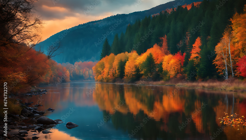 a river surrounded by trees in the fall. The trees are all different colors, including red, orange, and yellow. The river is calm and still, and the trees are reflected in the water.