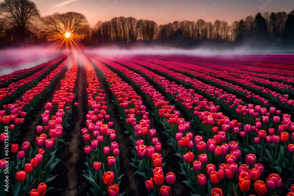 Tulip field during sunrise, the field has red and pink tulips, the sky is filled with clouds which look pinkish purple by the sun. The sky itself is orange and pink. A part of the field is covered in 