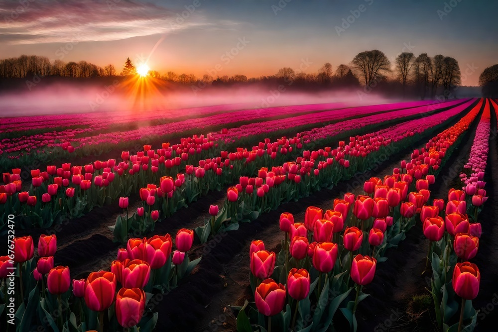 Tulip field during sunrise, the field has red and pink tulips, the sky is filled with clouds which look pinkish purple by the sun. The sky itself is orange and pink. A part of the field is covered in 