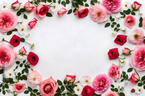 Flowers composition. Frame made of rose flowers on white background.