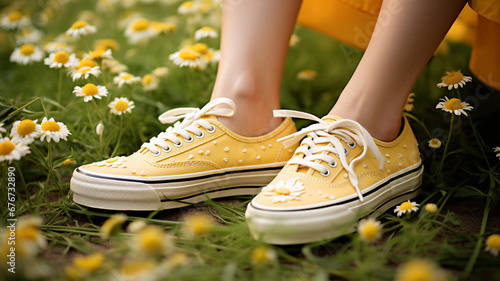 Amazing Yellow Sneakers Decorated with Daisies