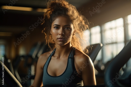 Woman portrait in sportswear during training at gym, fitness girl doing workout, healthy lifestyle concept