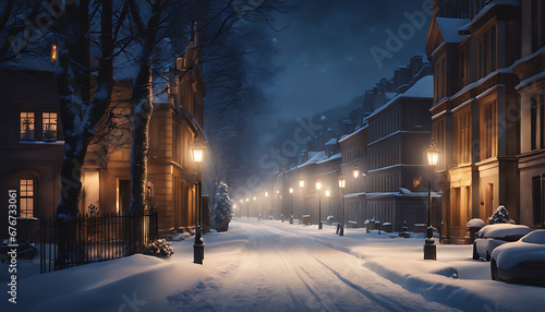 A snowy street at night, lit by streetlights in a cozy winter scene  photo