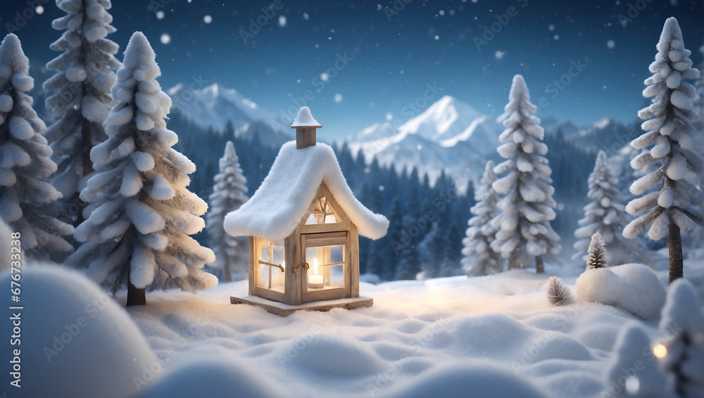 Fantasy winter wonderland, lantern on the snow, full of tiny details, bokeh, Christmas Fantasy winter wonderland, lantern on the snow, full of tiny details, bokeh, Christmas