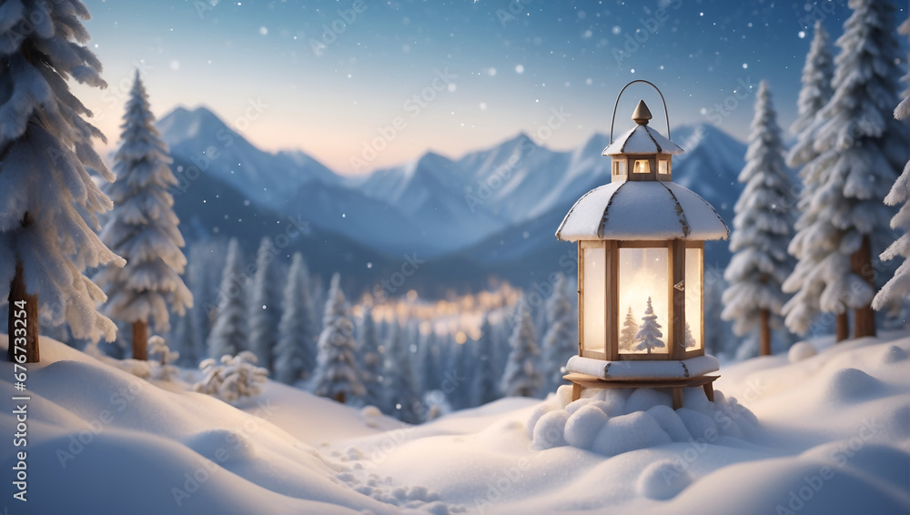 Fantasy winter wonderland, lantern on the snow, full of tiny details, bokeh, Christmas	