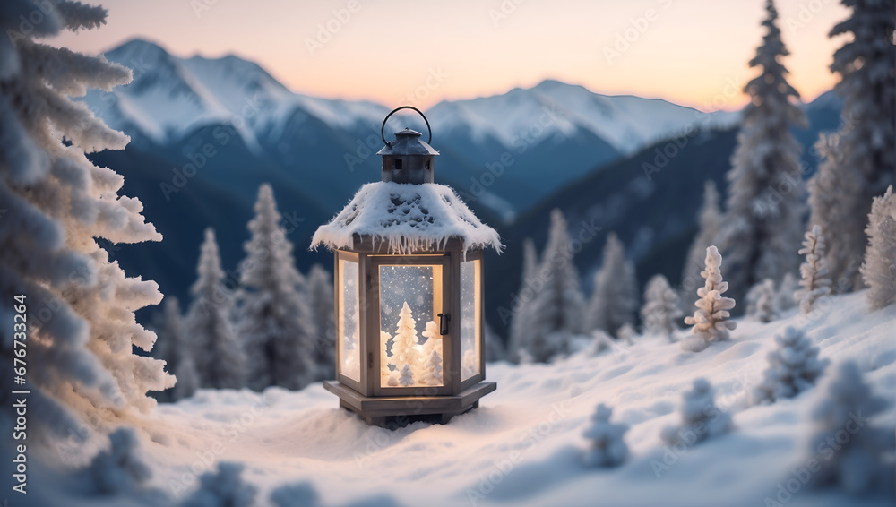 Fantasy winter wonderland, lantern on the snow, full of tiny details, bokeh, Christmas	