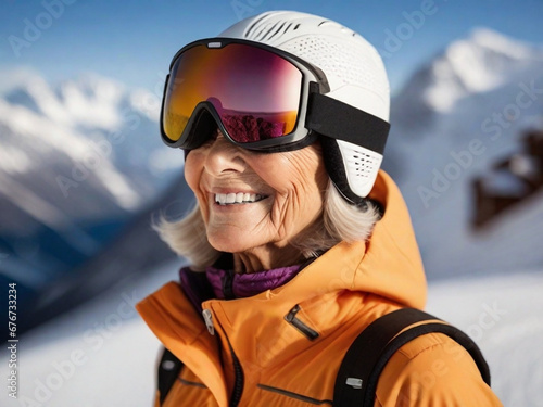 Senior old woman smiling wearing orange ski suit and ski glasses Snow goggles at a ski resort on a sunny day. WInter vacation, happy people, happy retired and senior old people © *** ***