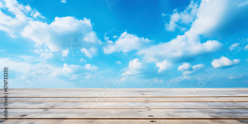 Wood table mockup with blue cloudy sky background. Empty copy space for product presentation. Generative AI